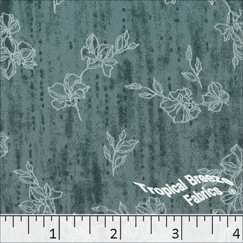 teal, Koshibo Sketched Floral Print Polyester Dress Fabric 048530