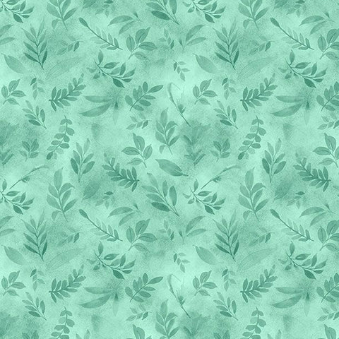 teal, Peony Blossoms Collection Tossed Leaves Cotton Fabric 34716