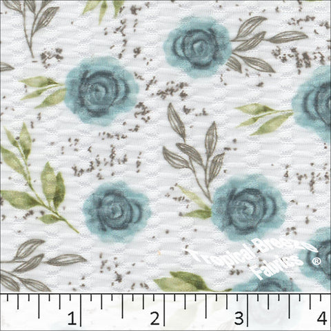 teal, Seersucker Knit Floral Print Fabric 575512