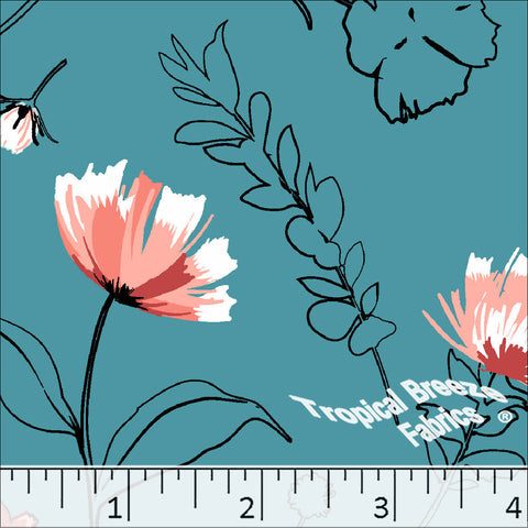 Standard Weave Large Floral Print Dress Fabric 6161 teal