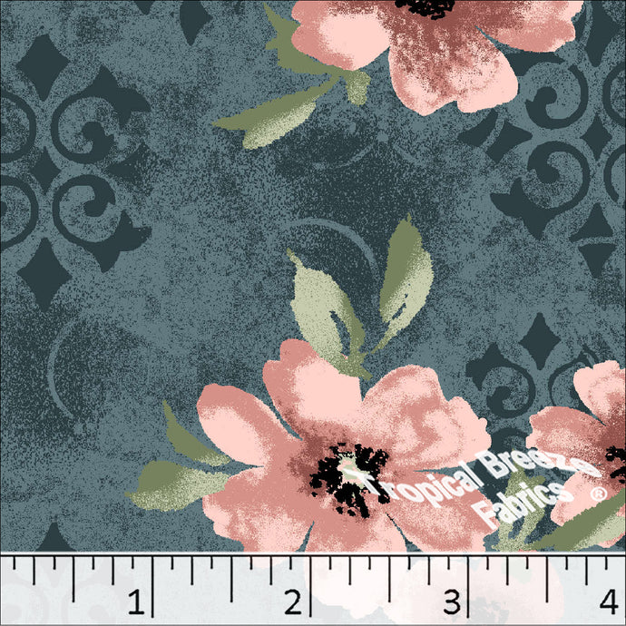 Standard Weave Large Floral Print Poly Cotton Fabric 6050 teal