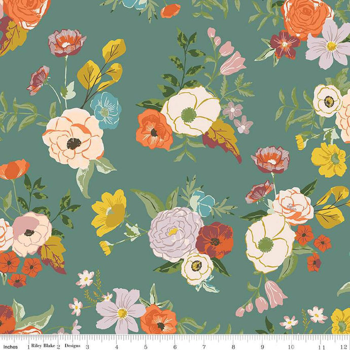 teal, Winged Medley Collection Large Floral Cotton Fabric C15910