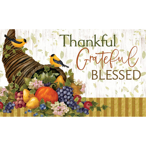 Custom Decor floor mat showing thankful cornucopia