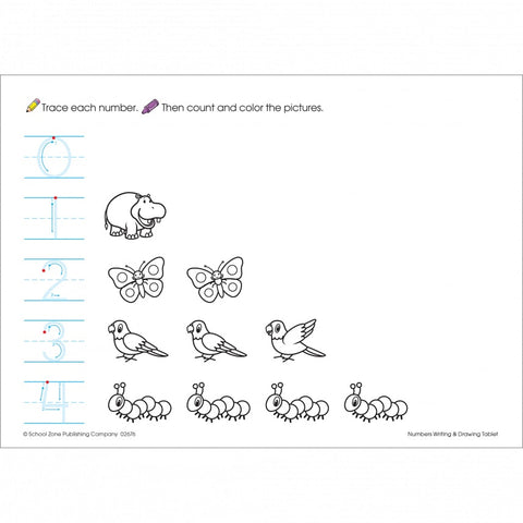 Trace each number, then count and color the pictures