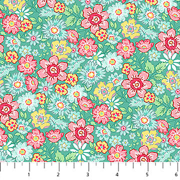 turquoise, Quilting in Bloom Collection Large Floral Cotton Fabric 28835