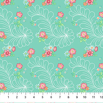 turquoise, Quilting in Bloom Collection Scattered Floral Cotton Fabric 28836