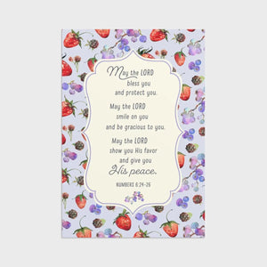 Card 4: Purple Strawberry and Raspberry Design; May the Lord bless you and protect you. May the Lord smile on you and be gracious to you. May the Lord show you His favor and give you His peace. Numbers 6:24-26."