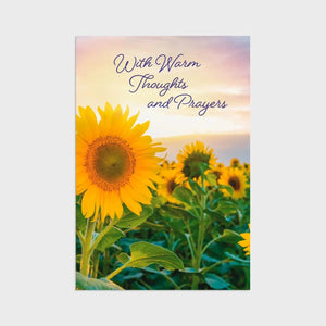 Front of Card 3: Sunser of a sunflower field; "With warm thoughts and prayers."