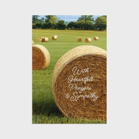 Front of Card 4: Rolls of hay in a meadow; "With heartfelt prayers and sympathy."