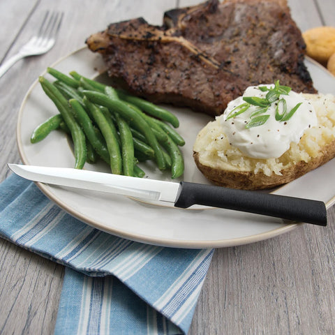 Utility/Steak Knife DR104 displayed on plate and with steak