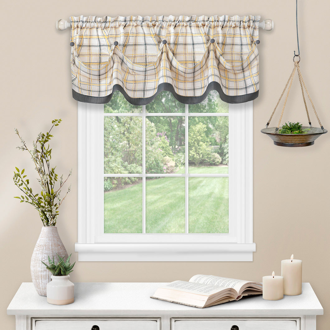 Gray plaid valance.