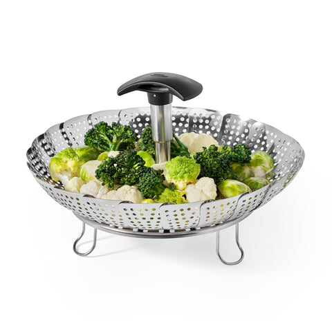 Stainless steel veggie steamer with vegetables
