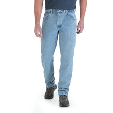 Vintage Indigo relaxed fit Wrangler jeans, front view.