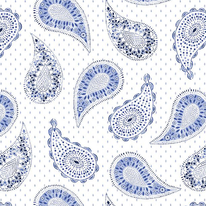 Indigo Splash Collection Paisley and Dots Cotton Fabric white