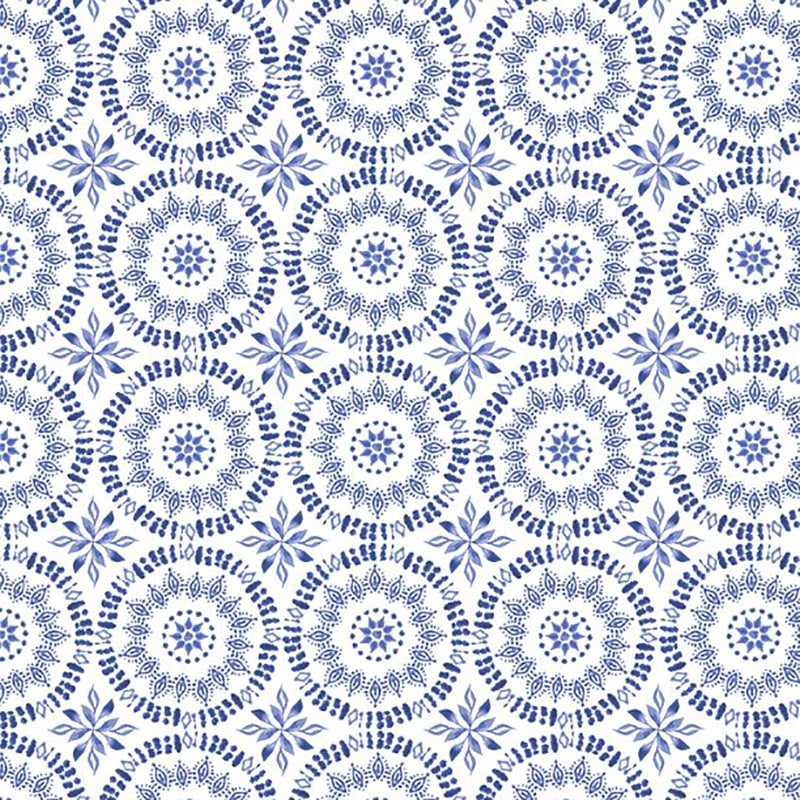 Indigo Splash Collection Circular Medallion Cotton Fabric 15714 white