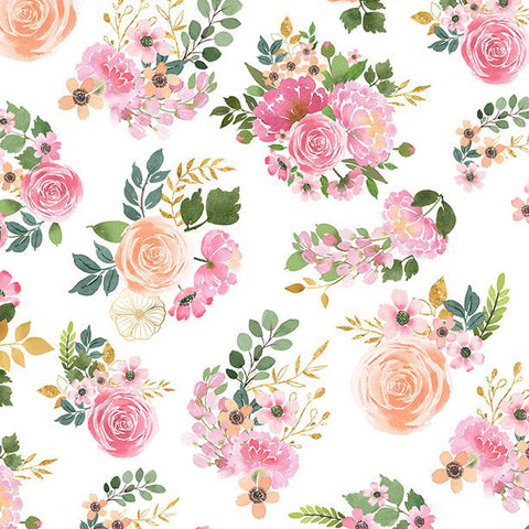 white, Peony Blossoms Collection Bouquet Toss Cotton Fabric 34712