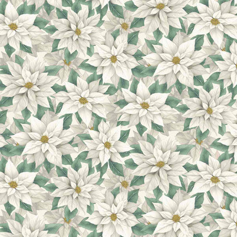 white, Sweet Christmas Memories Collection Poinsettia Cotton Fabric 3619