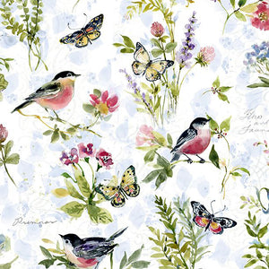 Among the Branches Collection Birds All Over Cotton Fabric white