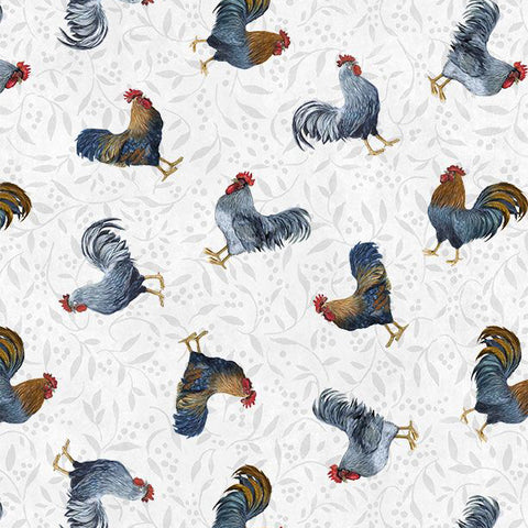 white, Country Blue Collection Rooster Toss Cotton Fabric 39902