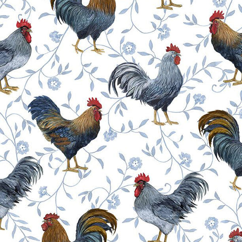 white, Country Blue Collection Roosters All Over Cotton Fabric 39901