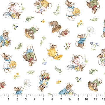 white, Country Mouse Collection Scattered Mice Cotton Fabric DP29007