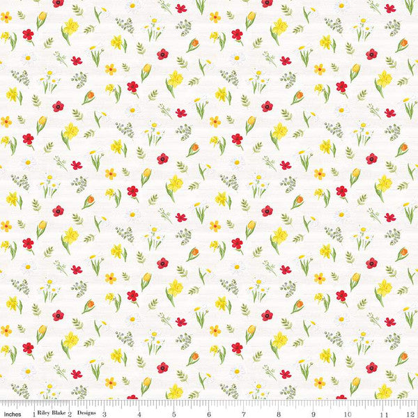 White, Covered Bridges in Spring Collection Flowers Cotton Fabric CD15823