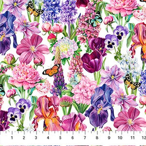 Deborahs Garden Collection Flowers and Butterflies Cotton Fabric DP25590 white