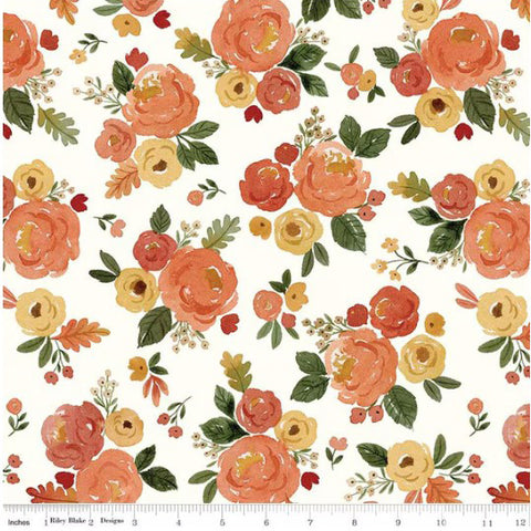 white, Happy Fall Days Collection Flowers and Leaves Cotton Fabric C16340