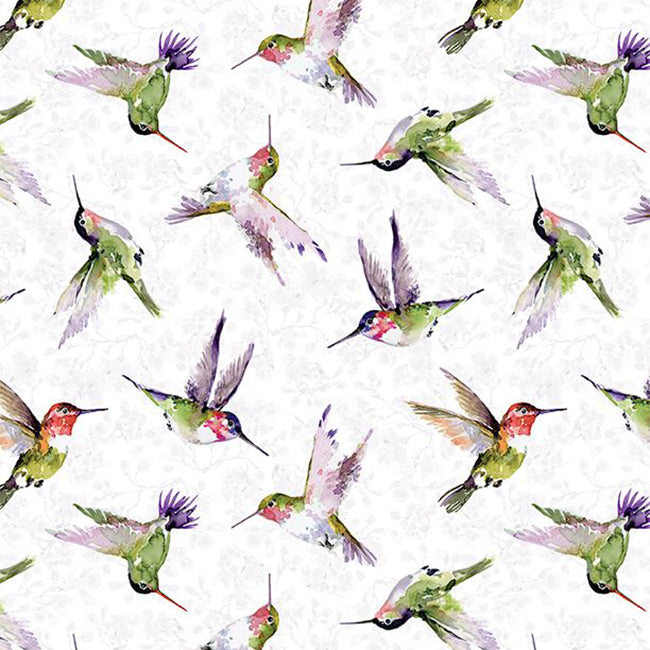 Hummingbird Floral Collection Hummingbird Toss Cotton Fabric 3023-39830 white