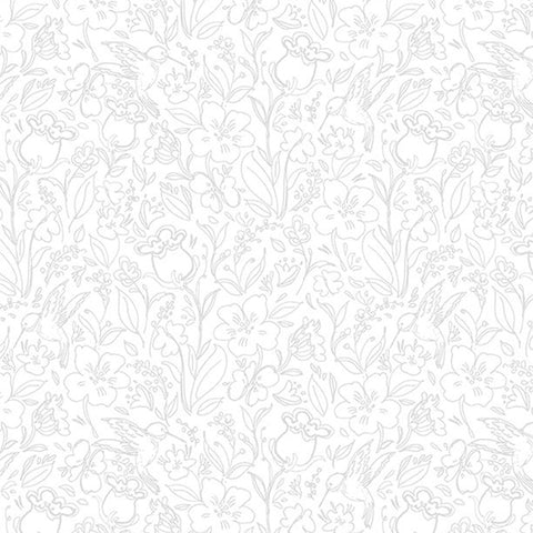 Hummingbird Floral Collection Toile Cotton Fabric 3023-39833 white