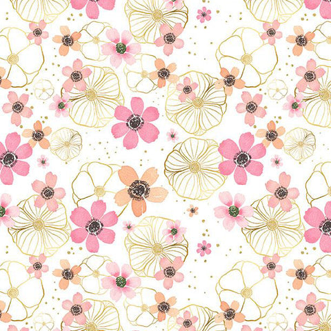 white, Peony Blossom Collection Flowers & Gold Cotton Fabric 34714