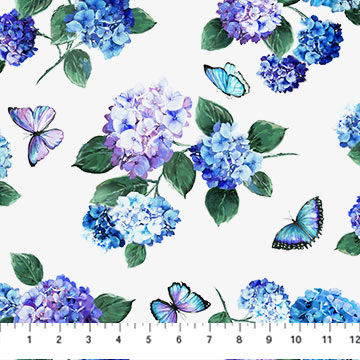 Rhapsody in Blue Collection Flowers and Butterflies Cotton Fabric DP27069 white