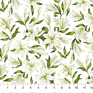Spring Awakening Collection Lily Flowers Cotton Fabric 26868 white background