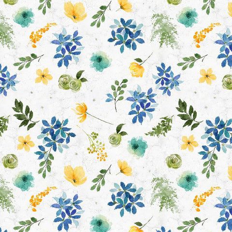 white, Sunlit Serenade Collection Large Floral Cotton Fabric 40772