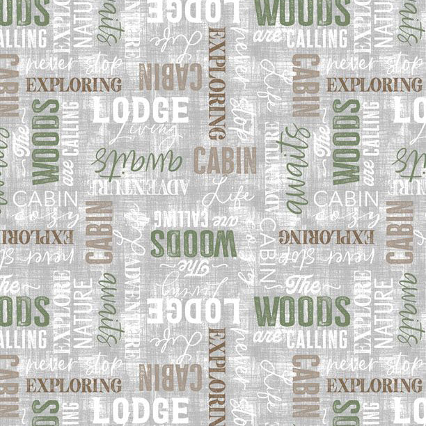 white, Timberland Trails Collection Words All Over Cotton Fabric 45604