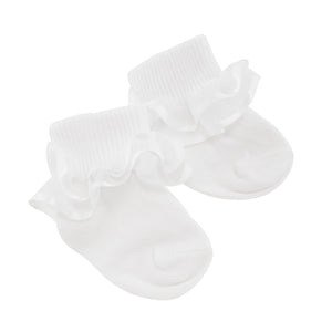 White baby socks with ruffled lace