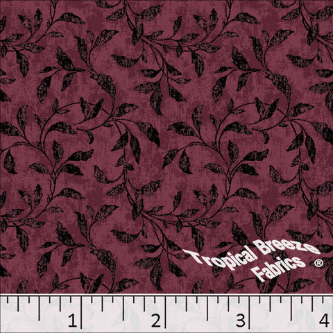 Linen Weave Leafy Vines Print Poly Cotton Fabric 6107 wine
