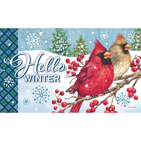 Custom Decor floor mat showing winter cardinals
