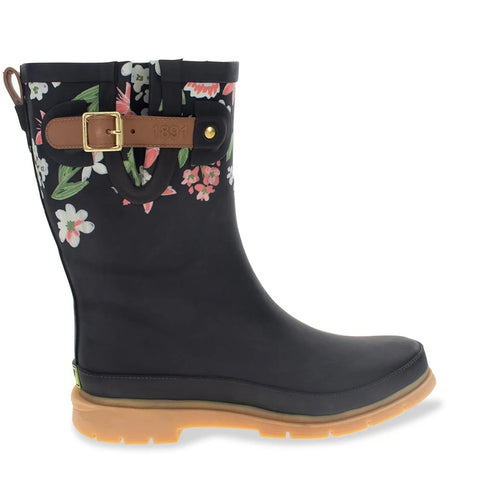 Side view of Western Chief women's Brushed Petals mid-calf black rain boots with floral print