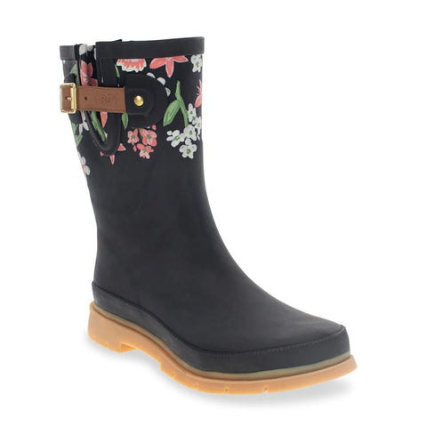 Western Chief women's Brushed Petals mid-calf black rain boots with floral print