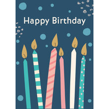 Front of Card 2: Happy Birthday, pink and blue candles with gold flames