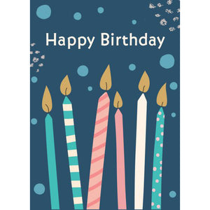 Front of Card 2: Happy Birthday, pink and blue candles with gold flames