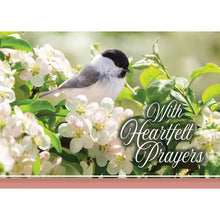 Front of Card 2: With Heartfelt Prayers, Chickadee perched in bush of white flowers