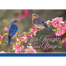 Front of Card 3: With Thoughts and Prayers, bluebirds perched on branch with pink flowers