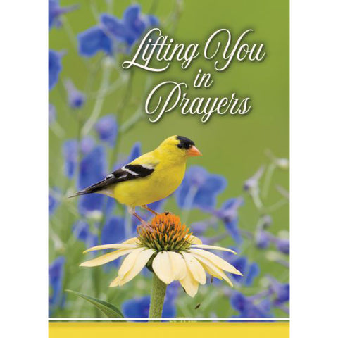 Front of Card 4: Lifting You in Prayers, gold finch perched on yellow flower with blue flowers in background