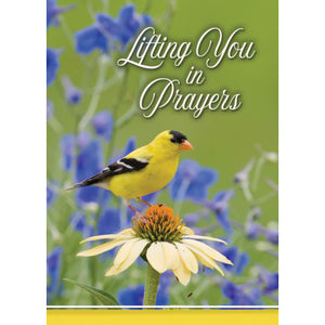 Front of Card 4: Lifting You in Prayers, gold finch perched on yellow flower with blue flowers in background