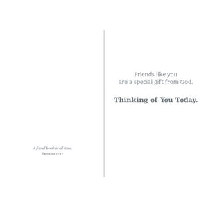 Inside of Card 2: Friends like you are a special gift from God. Thinking of your today. Proverbs 17:17