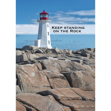 Front of Card 1: Keep Standing on the Rock, lighthouse on rocks