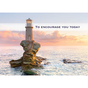 Front of Card 2: To Encourage You Today, lighthouse standing on tall rock formation with sunset in background