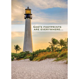 Front of Card 3: God's Footprints are Everywhere... lighthouse with palm trees and sunset